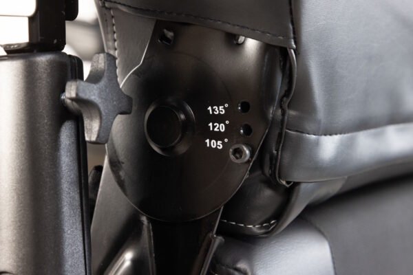 Monarch Super Powerchair angle adjustment mechanism detail showing 105°, 120°, and 135° settings