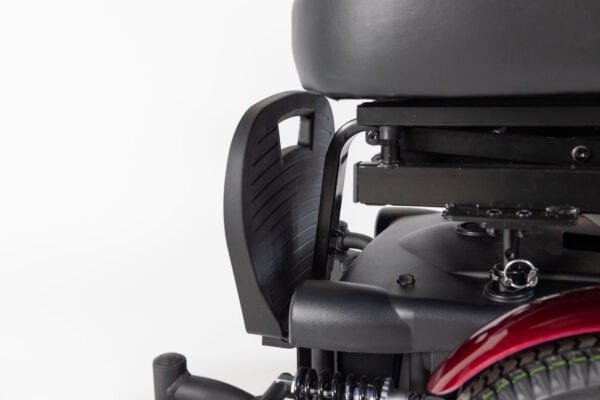 Monarch Super Powerchair detail view showing black armrest and seat adjustment mechanism