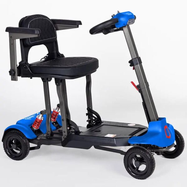 Monarch Genie blue automatic folding mobility scooter side view with black seat and adjustable tiller